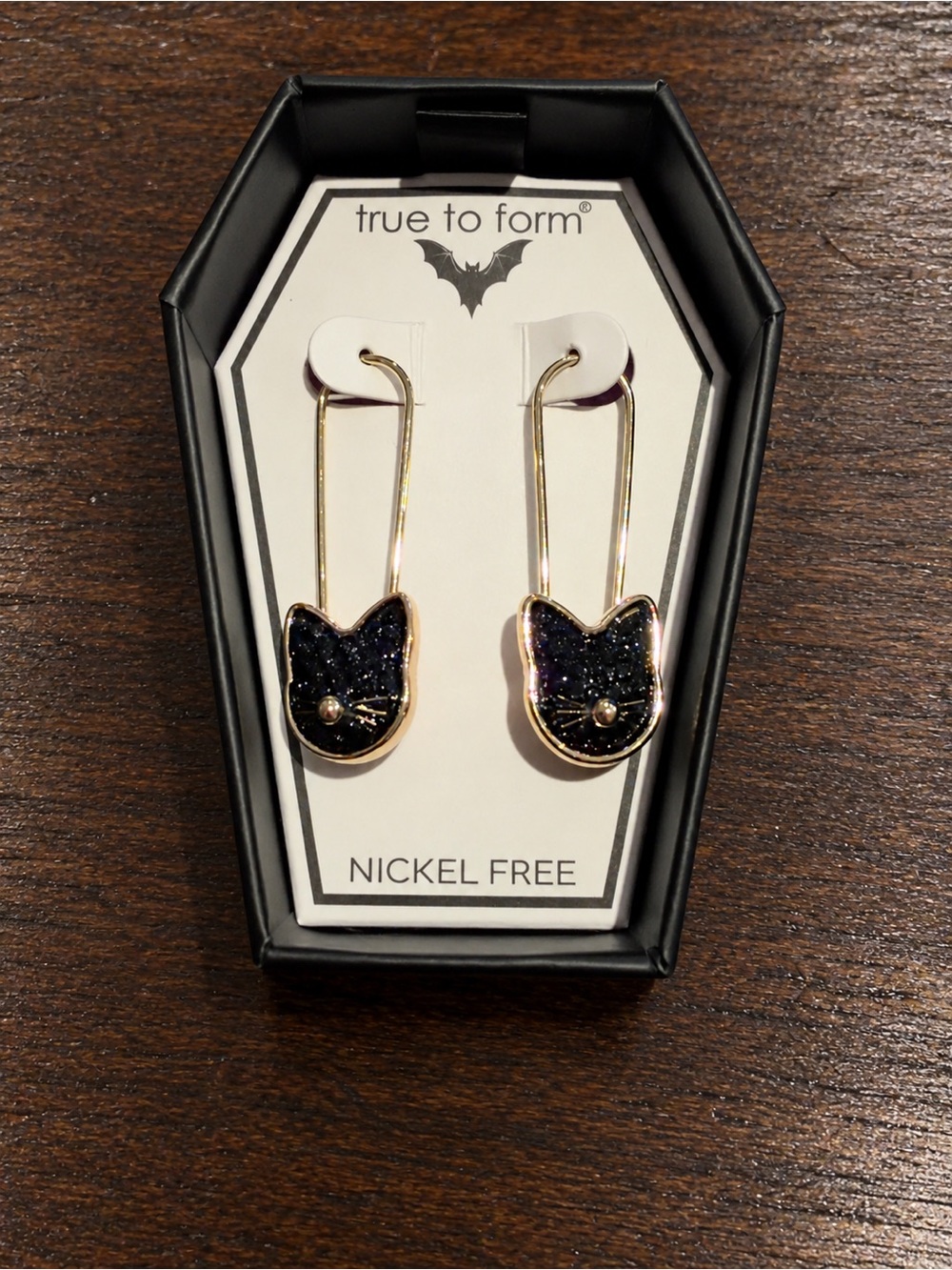 True to Form Black Cat Safety Pin Earrings Nickel Free Halloween NWT